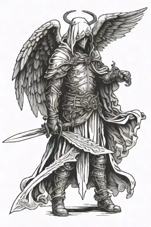 an angel with a hood whose face cannot be seen and I hold a sword with both hands downwards tattoo design idea