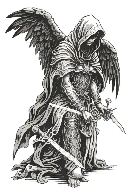 a fallen  angel with a hood whose face cannot be seen and I hold a sword with both hands downwards tattoo design idea