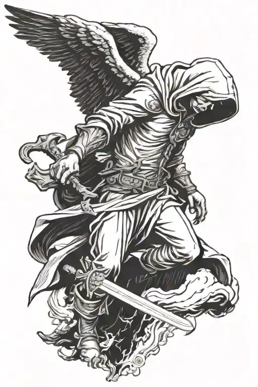 a fallen  angel with a hood whose face cannot be seen and I hold a sword with both hands downwards and he´s fly  tattoo design idea