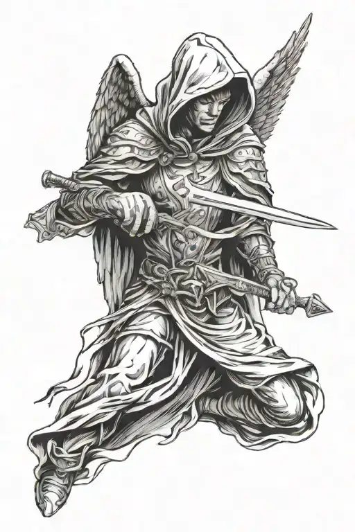 a fallen  angel with a hood whose face cannot be seen and I hold a sword with both hands downwards and he´s fly  tattoo design idea