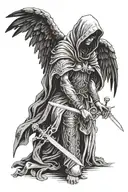 a fallen  angel with a hood whose face cannot be seen and I hold a sword with both hands downwards tattoo design idea
