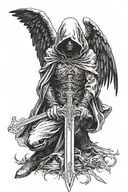 a fallen  angel with a hood whose face cannot be seen and I hold a sword with both hands downwards tattoo design idea