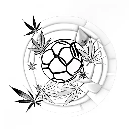 A minimalist tattoo of a soccer ball made up of weed leaves, symbolizing your passion for soccer and weed. tattoo design idea