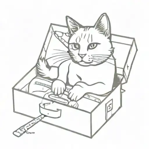 Calico cat holding a knife in a box tattoo design idea