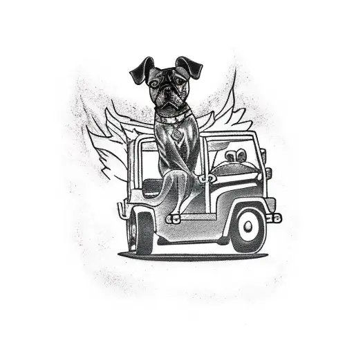 A traditional tattoo of a dog riding in a Jeep with the Mad Season logo in the background tattoo design idea