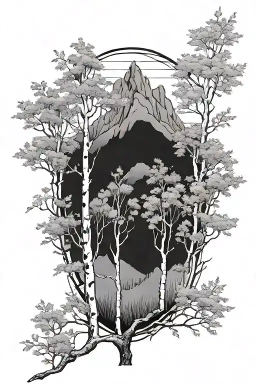 silver birch trees with a mountain tattoo design idea