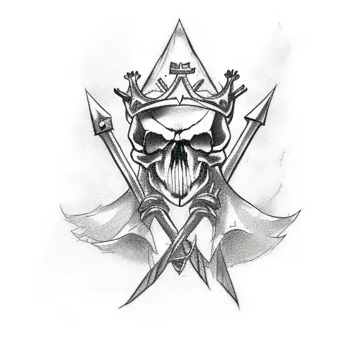 A sketch-style tattoo of a skull wearing a crown, inspired by the Skull Kid character from Legend of Zelda tattoo design idea