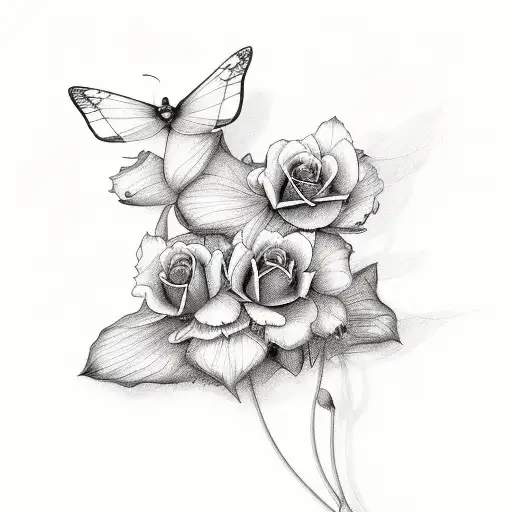 The name will with 3 butterflys and 2 black roses  tattoo design idea