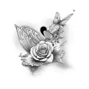 The name will with 3 butterflys and 2 black roses  tattoo design idea