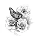 The name will with 3 butterflys and 2 black roses  tattoo design idea