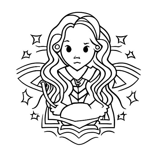 A girl stands alone in front of Hogwarts with her wand in her left hand tattoo design idea