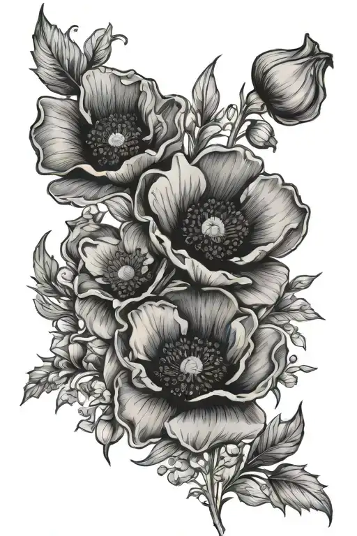 Poppy and Larkspur flower tattoo design idea