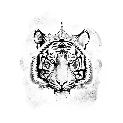 Tiger with spatial vibe crowns and geometric elements with depth tattoo design idea