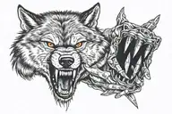 a picture from first person view showing me killing a wolf with my hands with a knife tattoo design idea