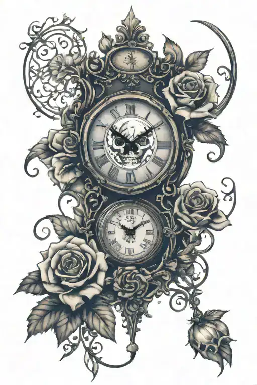 beautiful clock with a skull on the bottom with roses around it.  tattoo design idea