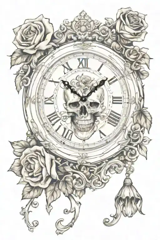 beautiful old fashioned clock with a skull and roses  tattoo design idea