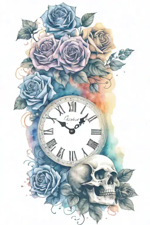 beautiful clock with a skull on the bottom with roses around it.  tattoo design idea