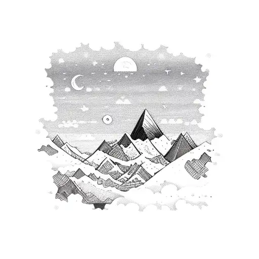 travelling on mountains with sea and stars tattoo design idea