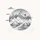 travelling on mountains with sea and stars tattoo design idea