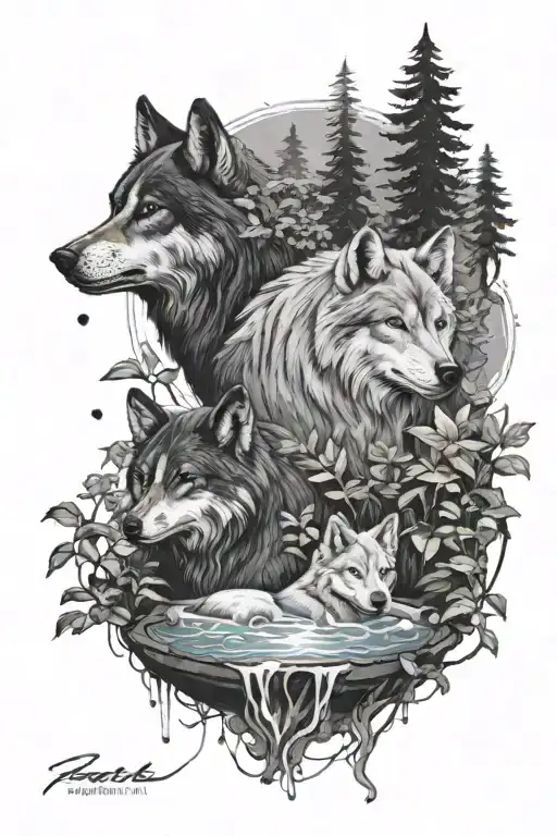A serene spa scene with wolves and dogs relaxing in hot springs, surrounded by lush greenery and calming elements tattoo design idea