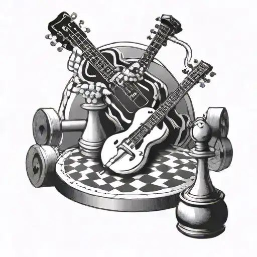 A deadlift barbell morphing into a guitar neck, with gemini twins playing chess on the strings tattoo design idea