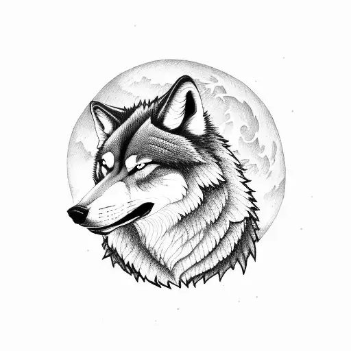 angry wolf with a moon in the background  tattoo design idea