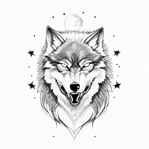 angry wolf with a moon in the background  tattoo design idea