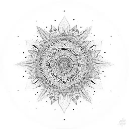 A bohemian mandala incorporating elements of nature and feathers tattoo design idea