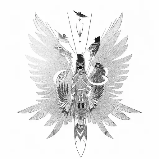 A group of anime-inspired sparrows in flight, with each bird representing a different native American tribe tattoo design idea