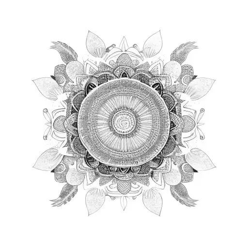 A bohemian-inspired mandala with delicate flowers and feathers, incorporating Japanese elements tattoo design idea