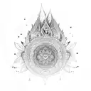 A bohemian mandala incorporating elements of nature and feathers tattoo design idea