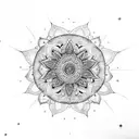 A bohemian mandala incorporating elements of nature and feathers tattoo design idea