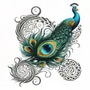 An infinity symbol made of peacock feathers and Arabic calligraphy tattoo design idea