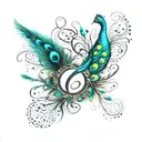 An infinity symbol made of peacock feathers and Arabic calligraphy tattoo design idea