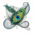 An infinity symbol made of peacock feathers and Arabic calligraphy tattoo design idea
