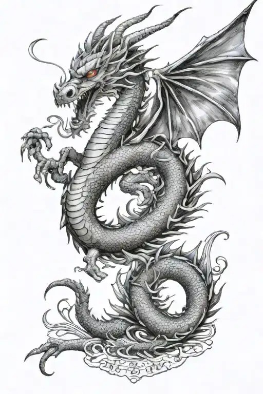 combination eastern and western style dragon open wings, head upwards, tail wrapped around chinese lettering for dragon tattoo design idea