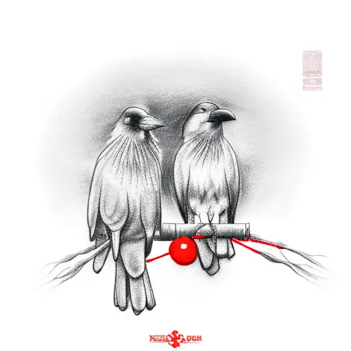 2 crows with red string attached to legs  tattoo design idea