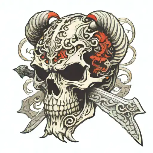 Dragon skull with a viking sword in the skull. tattoo design idea