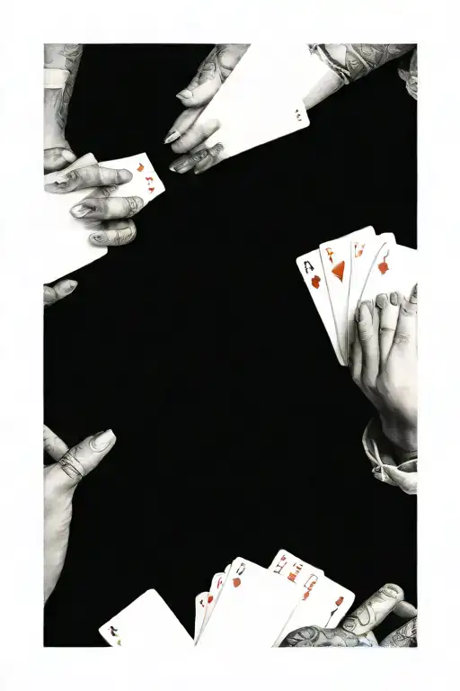 traditional one woman hand holding five cards in front of her face, she shows the cards to the audience tattoo design idea