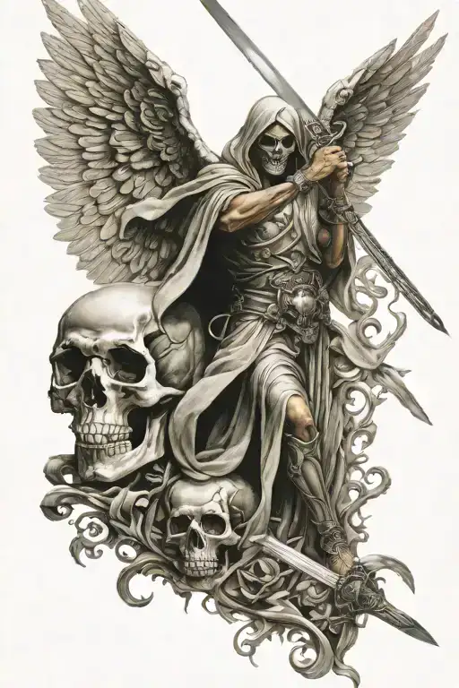 angel of death killing skull by his sword tattoo design idea