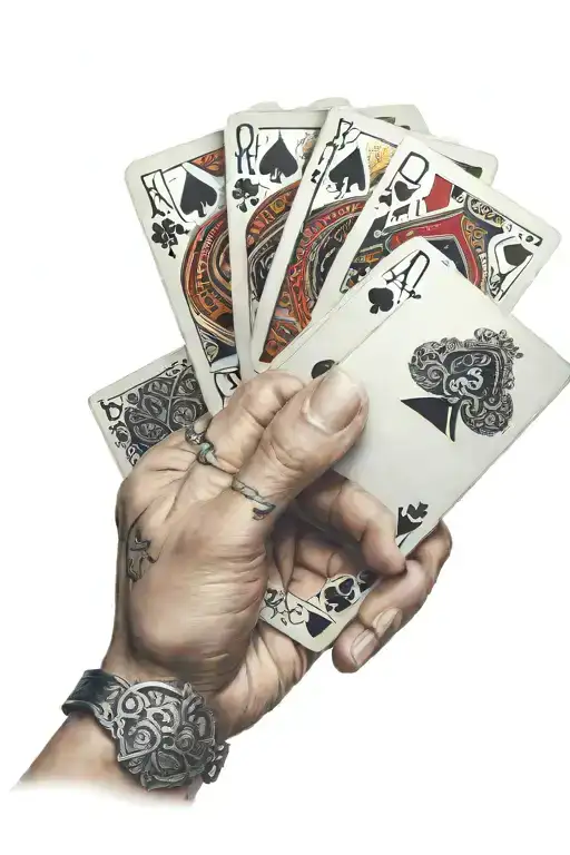 one woman hand holding five poker cards in one hand, in front of her face, showing the cards tattoo design idea