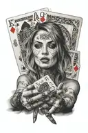 one woman hand holding five poker cards, in front of her face, showing the cards tattoo design idea