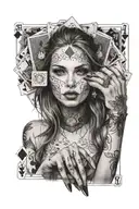 one woman hand holding five poker cards, in front of her face, showing the cards tattoo design idea