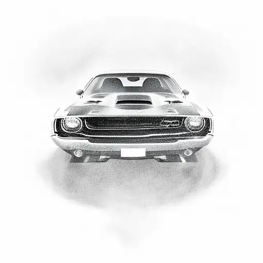 tattoo design: Imagine a black dodge challenger sleek and low, with chrome rims. It's angled, tires spinning around a co tattoo design idea