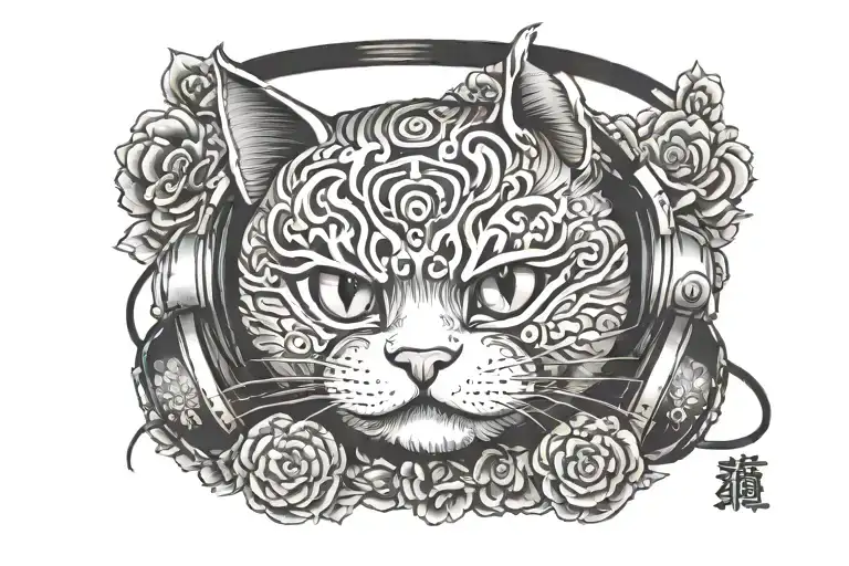 lucky cat wearing headphones tattoo design idea