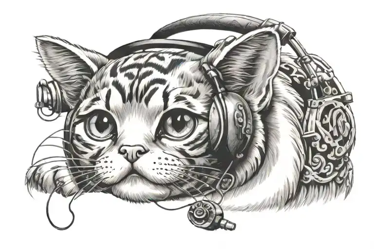 lucky cat wearing headphones tattoo design idea