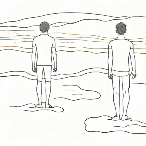 A tattoo, not in color, representing two figures of boys standing on the sand of a beach. One of the boys tattoo design idea