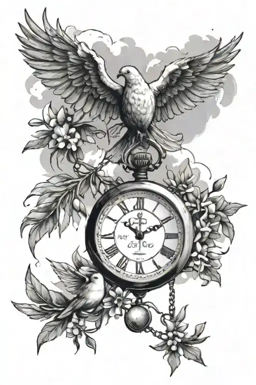 a cross wrapped by pocket watch on chain, olive branches, doves, and surrounded by clouds tattoo design idea