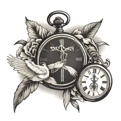 cross in clouds with pocket watch olive branches and dove  tattoo design idea
