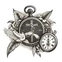 cross in clouds with pocket watch olive branches and dove  tattoo design idea